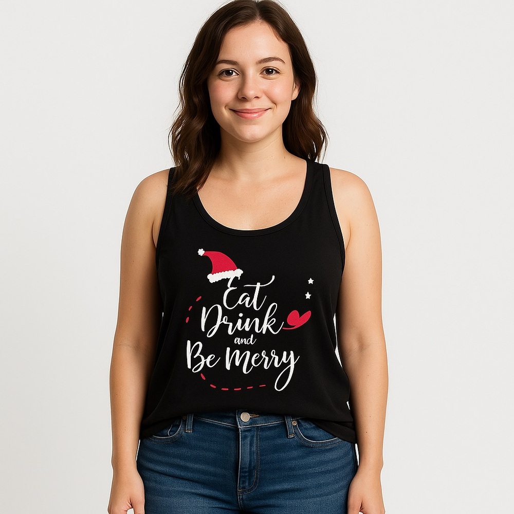 Cozy Couture Holiday Tank Top XL Black Eat Drink Be Merry Christmas Graphic